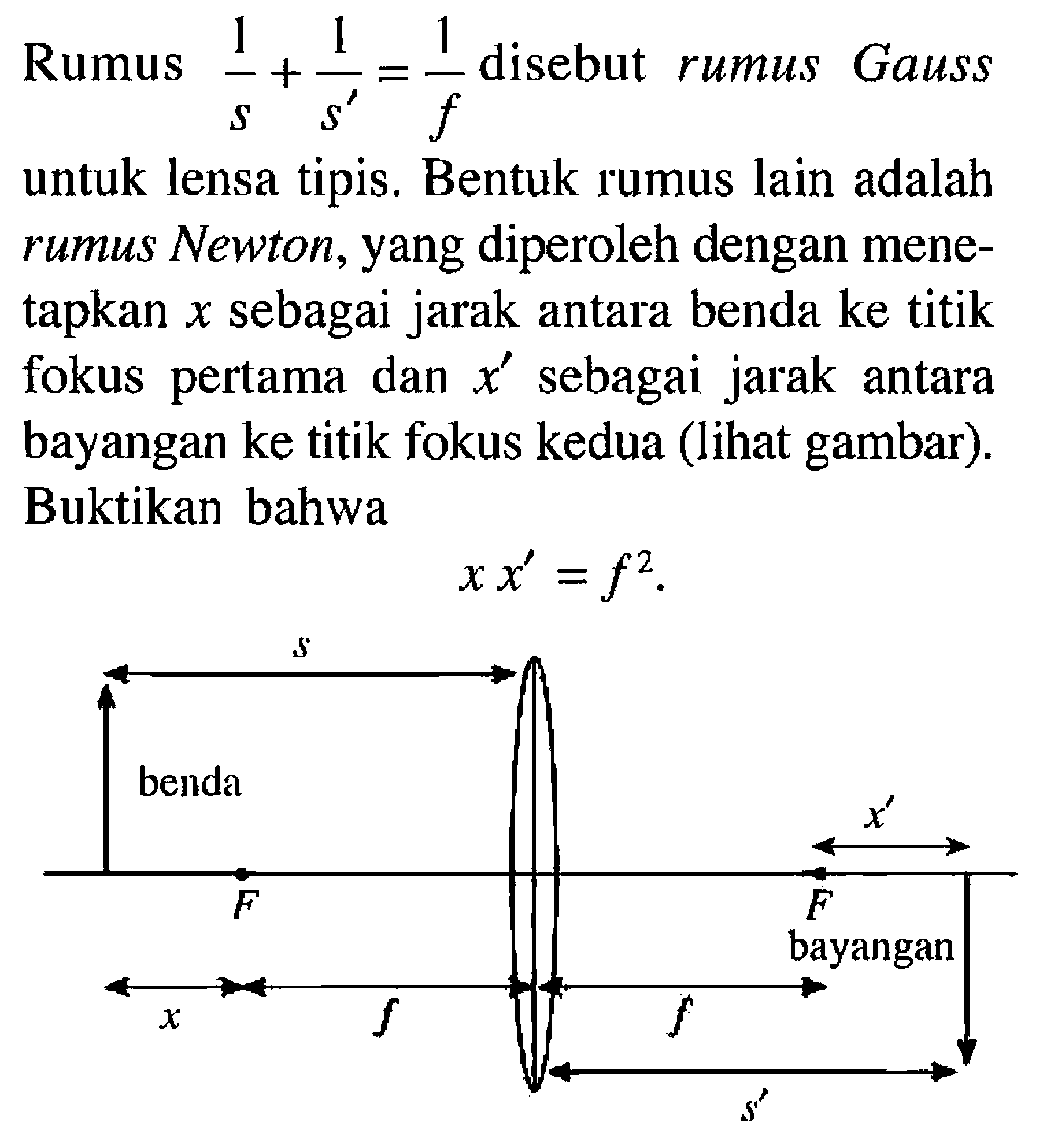 Rumus 1/s + 1/s' = 1/f disebut rumus Gauss untuk lensa tipis. Bentuk rumus lain adalah rumus Newton, yang diperoleh dengan menetapkan  x  sebagai jarak antara benda ke titik fokus pertama dan  x'  sebagai jarak antara bayangan ke titik fokus kedua (lihat gambar). Buktikan bahwa
x x' = f^2.
s 
benda
x'
F F
bayangan 
x f f 
s'