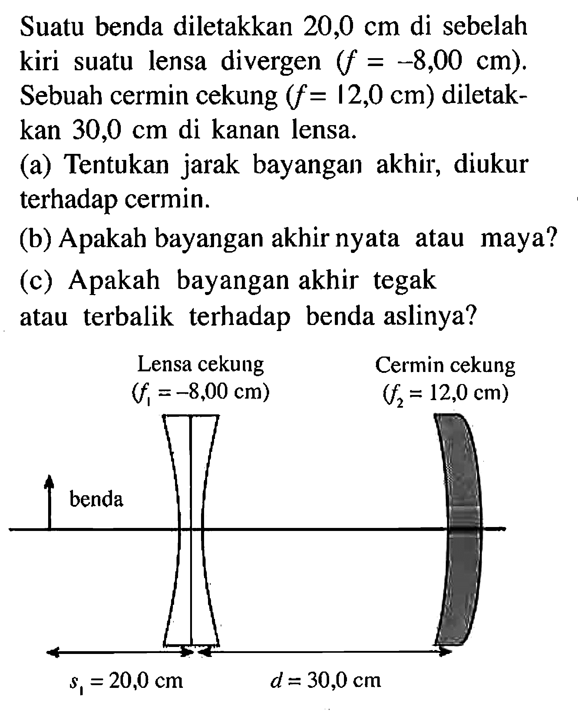 Suatu benda diletakkan 20,0 cm di sebelah kiri suatu lensa divergen (f=-8,00 cm). Sebuah cermin cekung (f=12,0 cm) diletakkan 30,0 cm di kanan lensa.(a) Tentukan jarak bayangan akhir, diukur terhadap cermin.(b) A pakah bayangan akhir nyata atau maya?(c) Apakah bayangan akhir tegak atau terbalik terhadap benda aslinya?