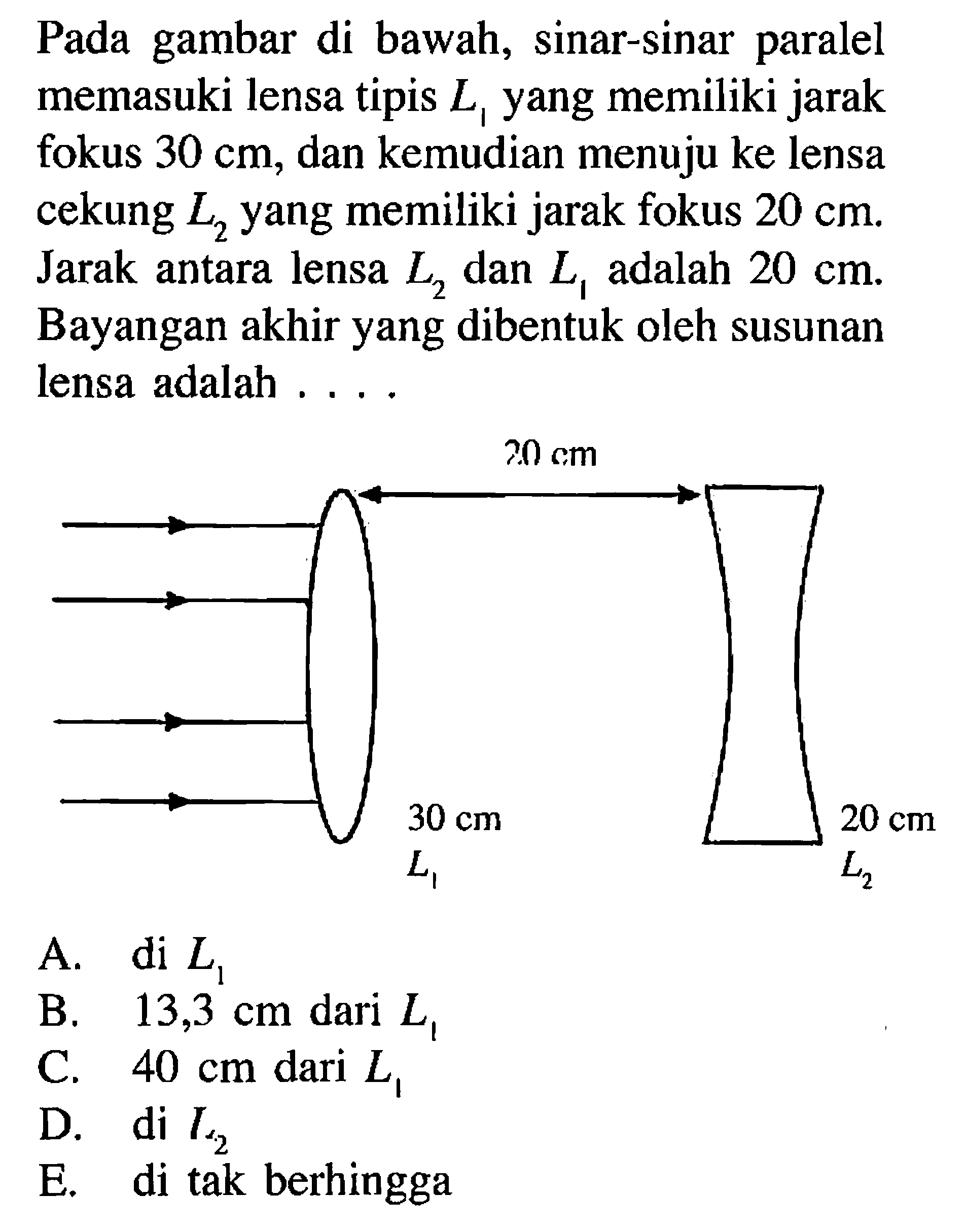 Pada gambar di bawah, sinar-sinar paralel memasuki lensa tipis L1 yang memiliki jarak fokus 30 cm, dan kemudian menuju ke lensa cekung L2 yang memiliki jarak fokus 20 cm. Jarak antara lensa L2 dan L1 adalah 20 cm. Bayangan akhir yang dibentuk oleh susunan lensa adalah.... 30 L1 30 cm 30 L2