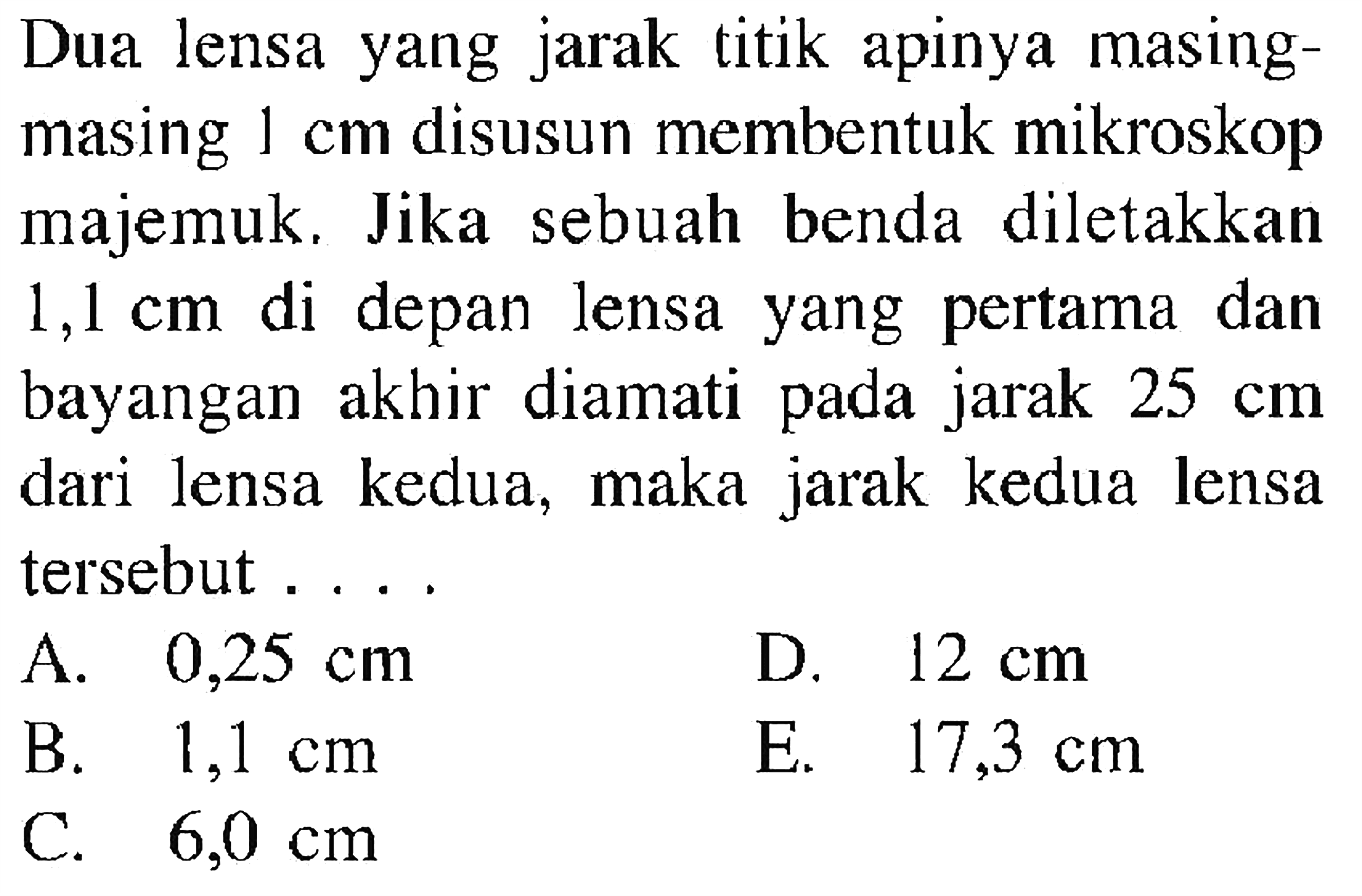 Dua lensa yang jarak titik apinya masing-masing 1 cm disusun membentuk mikroskop majemuk. Jika sebuah benda diletakkan 1,1 cm di depan lensa yang pertama dan bayangan akhir diamati pada jarak 25 cmdari lensa kedua, maka jarak kedua lensa tersebut .... 