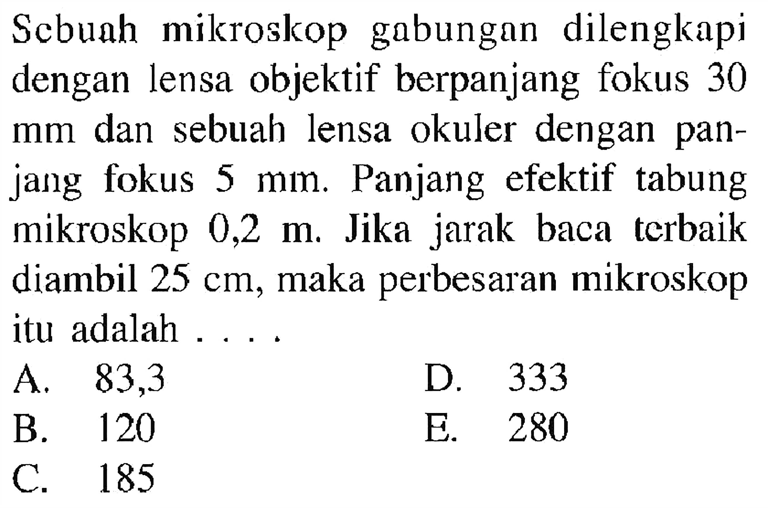 Sebuah mikroskop gabungan dilengkapi dengan lensa objektif berpanjang fokus 30 mm dan sebuah lensa okuler dengan panjang fokus 5 mm. Panjang efektif tabung mikroskop 0,2 m. Jika jarak baca terbaik diambil 25 cm, maka perbesaran mikroskop itu adalah ....