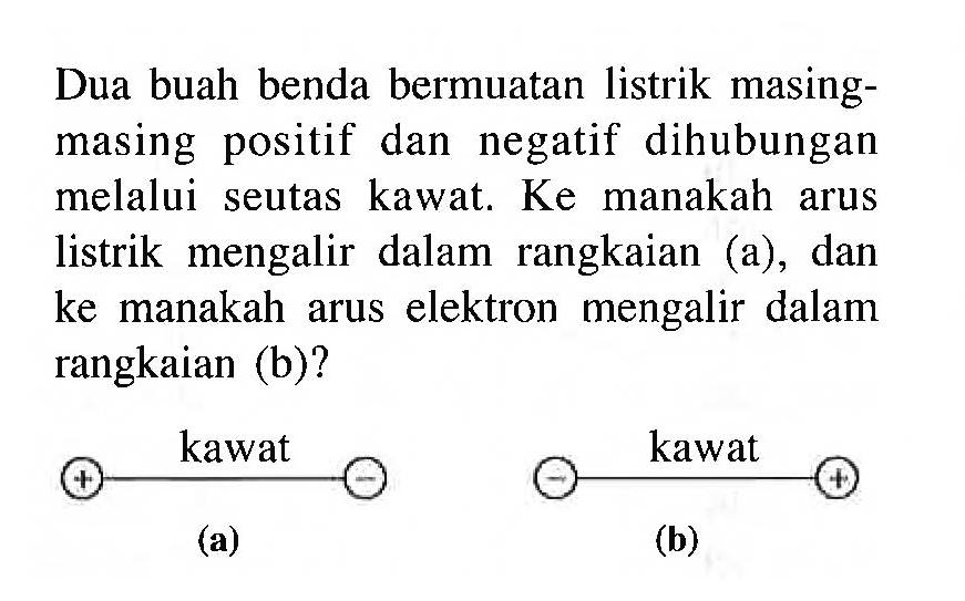 Dua buah benda bermuatan listrik masing-masing positif dan negatif dihubungan melalui seutas kawat. Ke manakah arus listrik mengalir dalam rangkaian (a), dan ke manakah arus elektron mengalir dalam rangkaian (b) (a) + kawat - (b) - kawat +