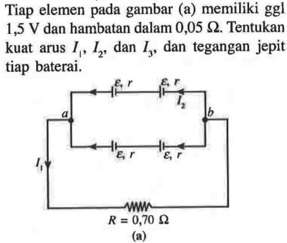 Tiap elemen pada gambar (a) memiliki ggl 1,5 V dan hambatan dalam 0,05 Ohm. Tentukan kuat arus I1, I2, I3, dan tegangan jepit tiap baterai. 
epsilon r I2
a b 
epsilon r 
I1 R = 0,70 Ohm