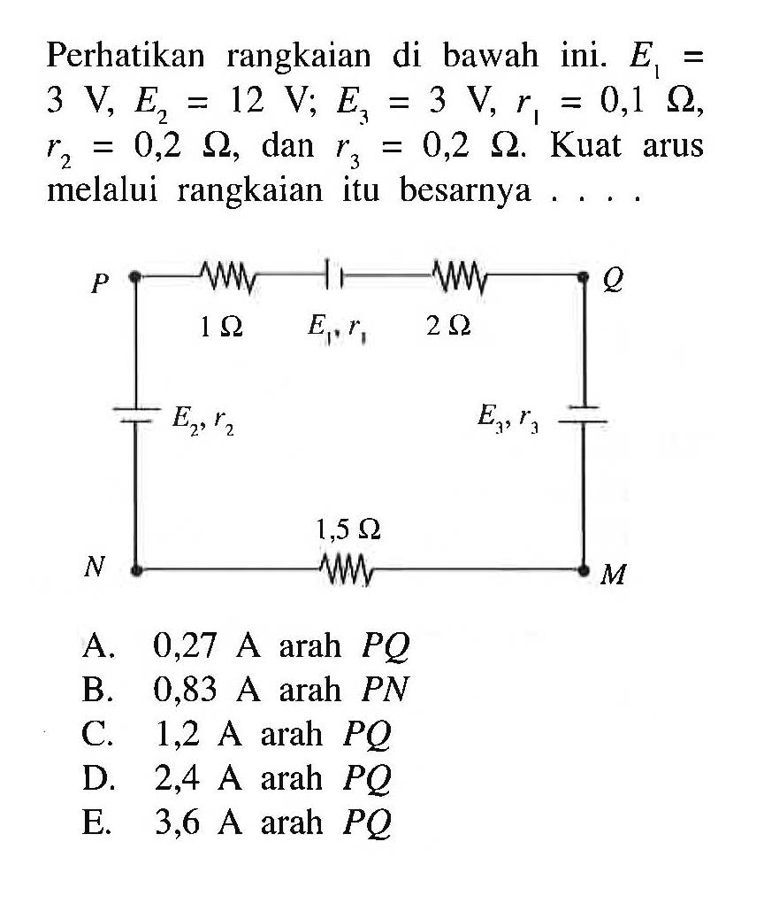 Perhatikan rangkaian di bawah ini. E1 = 3 V, E2 = 12 V, E3 = 3 V, r1 = 0,1 Ohm, r2 = 0,2 Ohm, dan r3 = 0,2 Ohm. Kuat arus rangkaian melalui rangkaian itu besarnya 
P Q 1 Ohm E1, r1 2 Ohm E2, r2 E3, r3 1,5 Ohm N M
A. 0,27 A arah PQ 
B. 0,83 A arah PN 
C. 1,2 A arah PQ 
D. 2,4 A arah PQ 
E. 3,6 A arah PQ