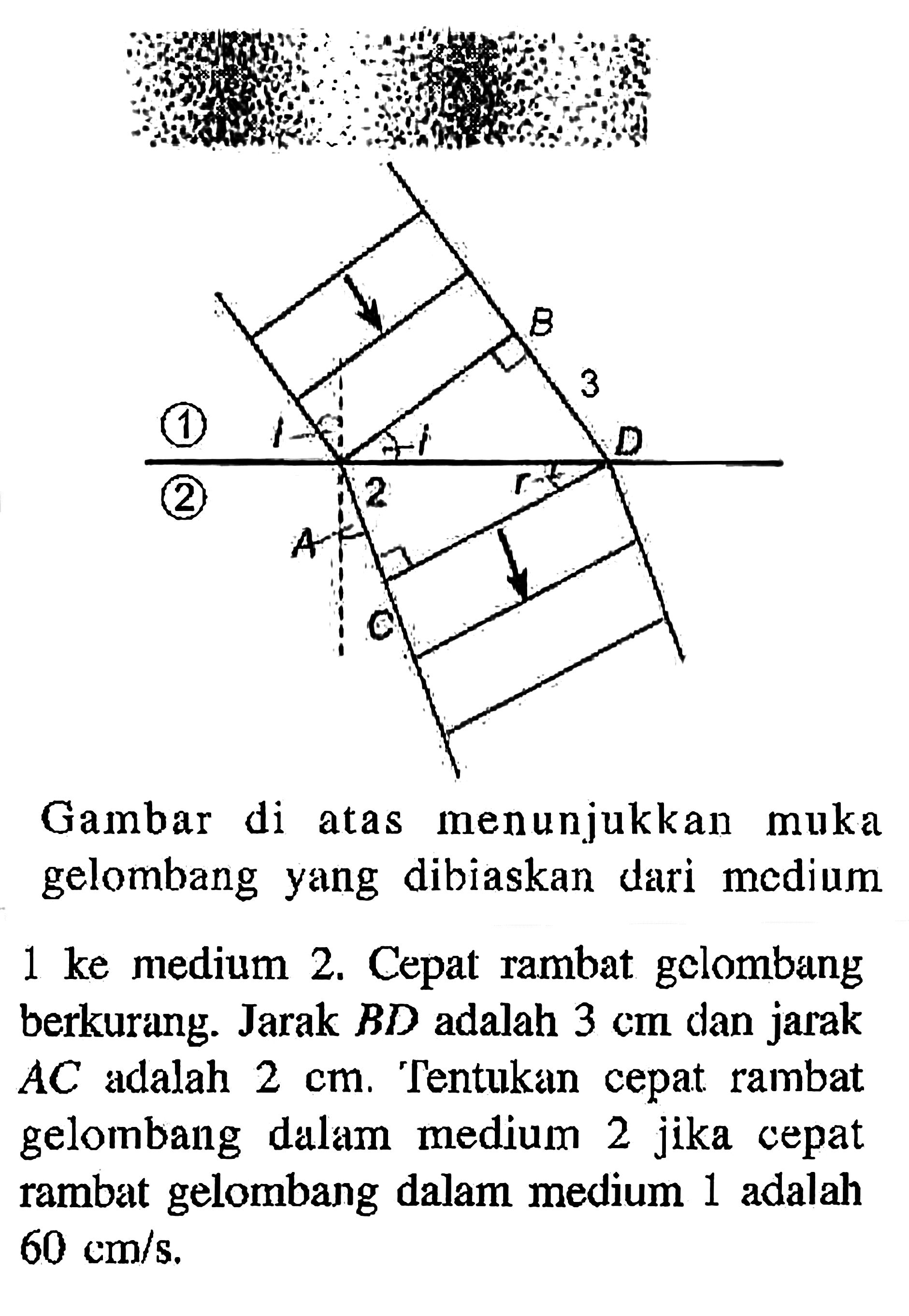 Gambar di atas menunjukkan muka gelombang yang dibiaskan dari medium 1 ke medium 2. Cepat rambat gelombang berkurang. Jarak BD adalah 3 cm dan jarak AC adalah 2 cm. Tentukan cepat rambat gelombang dalam medium 2 jika cepat rambat gelombang dalam medium 1 adalah 60 cm/s. 