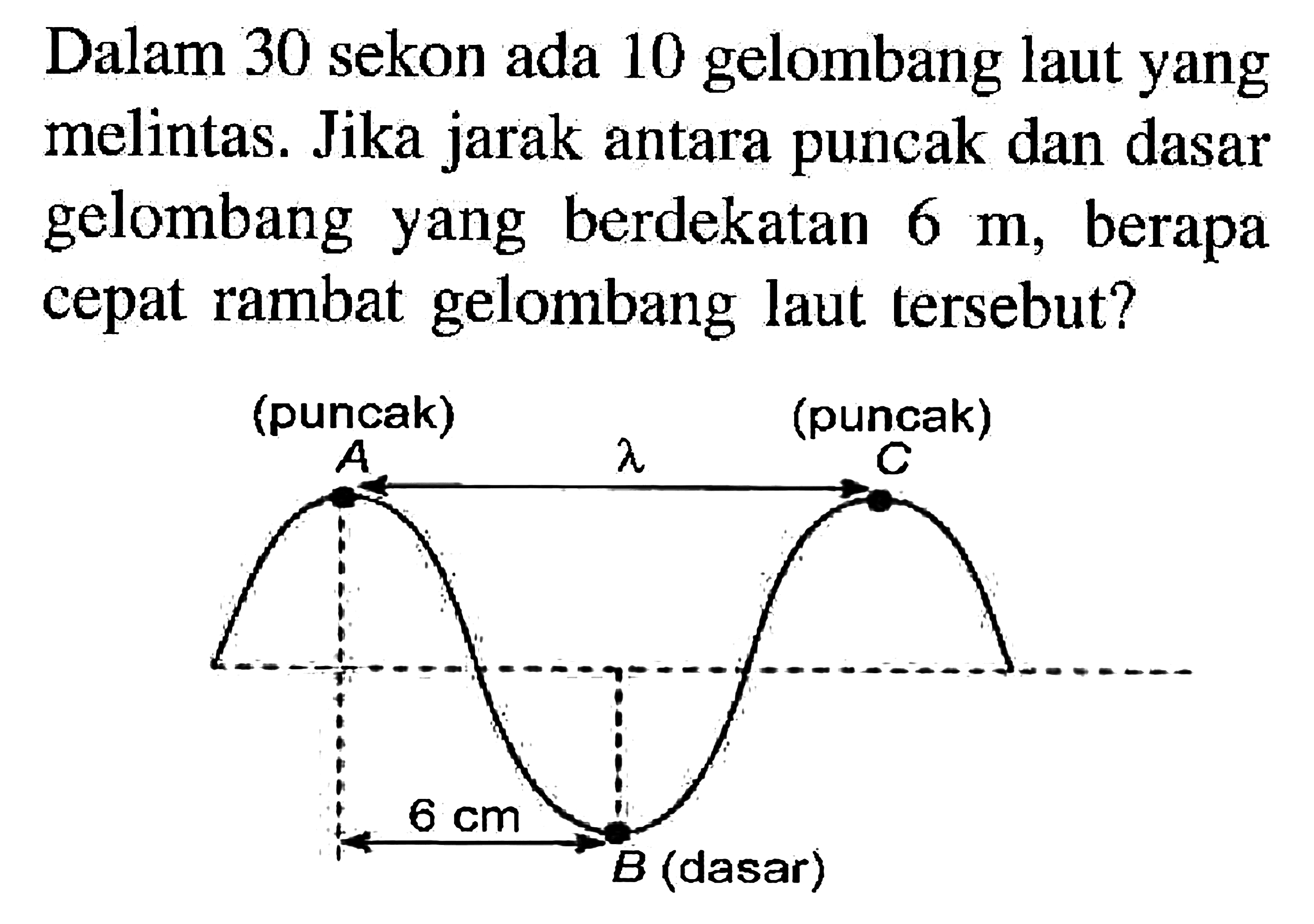 Dalam 30 sekon ada 10 gelombang laut yang melintas. Jika jarak antara puncak dan dasar gelombang yang berdekatan 6 m, berapa cepat rambat gelombang laut tersebut? (puncak) A lambda (puncak) C 6 cm B (dasar)