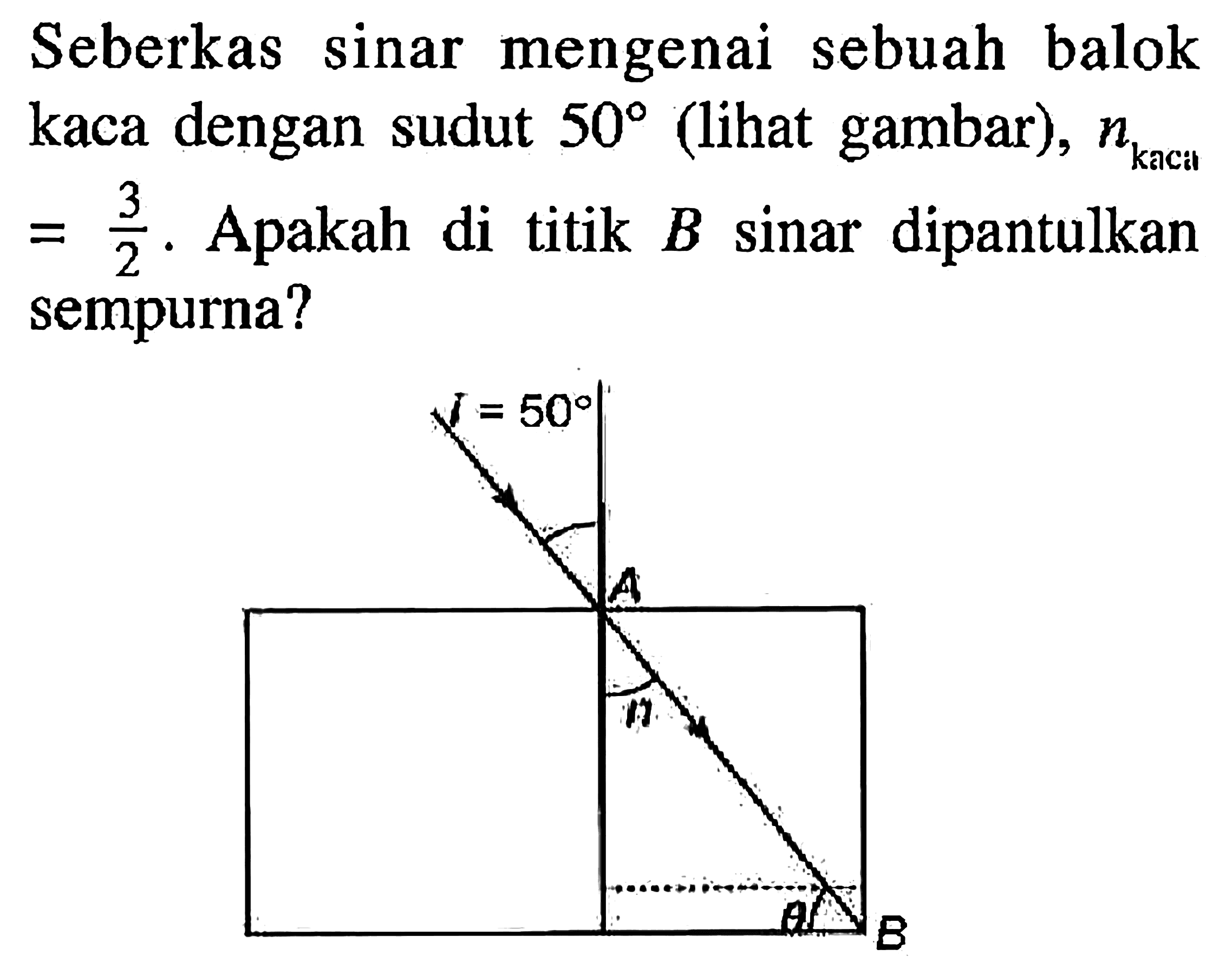 Seberkas sinar mengenai sebuah balok kaca dengan sudut 50 (lihat gambar), n kaca =3/2. Apakah di titik B sinar dipantulkan sempurna? i=50 A B theta B