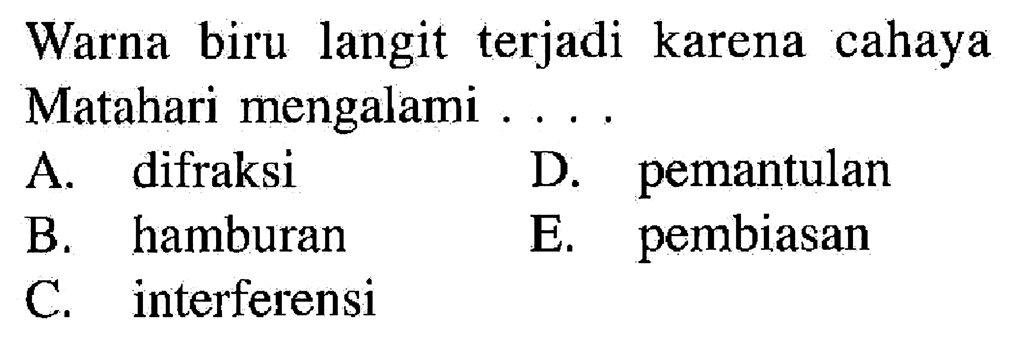 Warna biru langit terjadi karena cahaya Matahari mengalami .... 