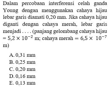 Dalam percobaan interferensi celah ganda Young dengan menggunakan cahaya hijau lebar garis diamati  0,20 mm . Jika cahaya hijau diganti dengan cahaya merah, lebar garis menjadi .... (panjang gelombang cahaya hijau  =5,2 x 10^(-2) m ;  cahaya merah  =6,5 x 10^(-7)   m) 
A.  0,31 mm 
B.  0,25 mm 
C.  0,20 mm 
D.  0,16 mm 
E.  0,13 mm 