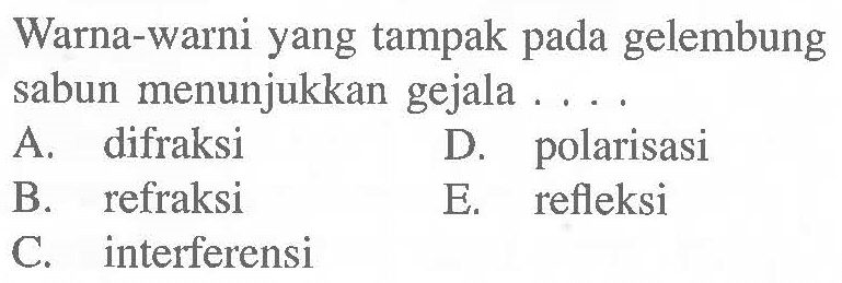 Warna-warni yang tampak pada gelembung sabun menunjukkan gejala ....
A. difraksi
D. polarisasi
B. refraksi
E. refleksi
C. interferensi