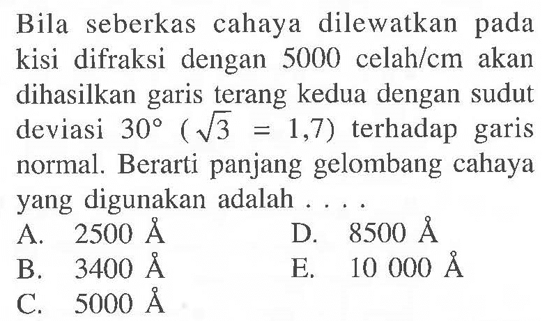 Bila seberkas cahaya dilewatkan pada kisi difraksi dengan 5000 celah/cm akan dihasilkan garis terang kedua dengan sudut deviasi 30 (akar(3)=1,7)  terhadap garis normal. Berarti panjang gelombang cahaya yang digunakan adalah ....
