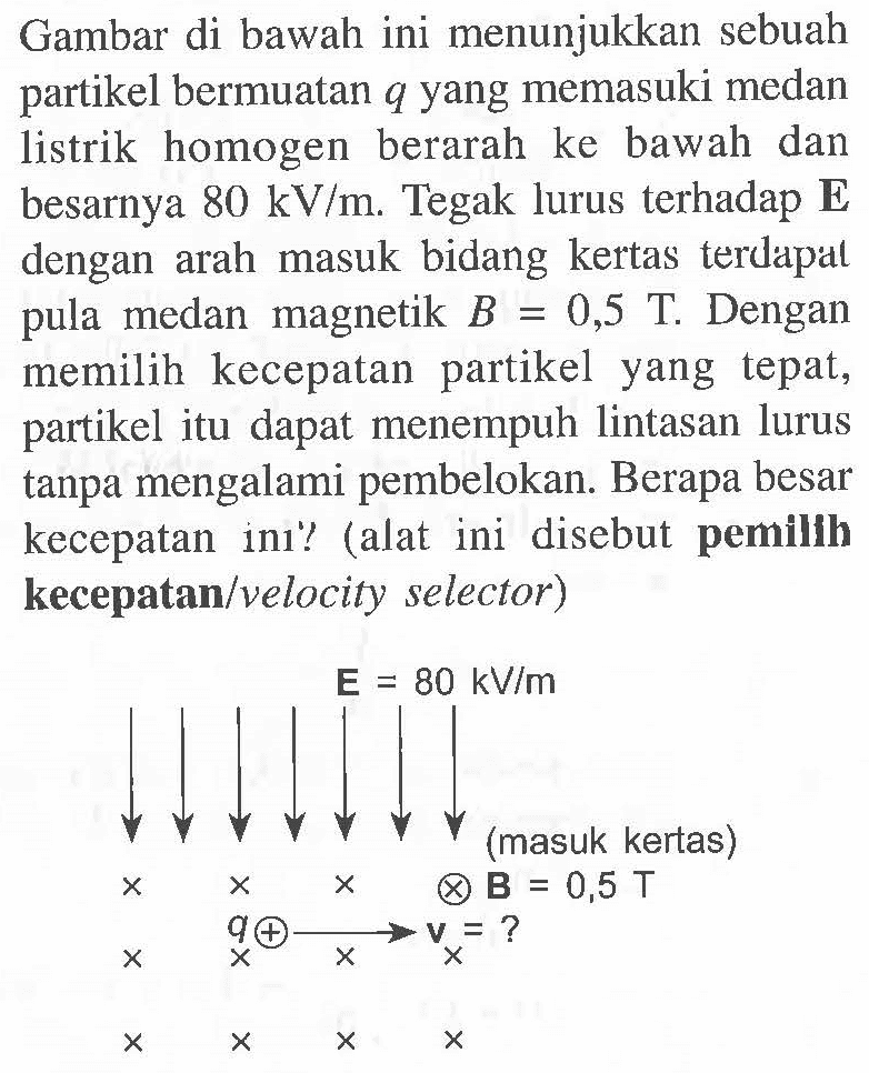 Gambar di bawah ini menunjukkan sebuah partikel bermuatan q yang memasuki medan listrik homogen berarah ke bawah dan besarnya 80 kV/m. Tegak lurus terhadap E dengan arah masuk bidang kertas terdapat pula medan magnetik B = 0,5 T. Dengan memilih kecepatan partikel yang tepat, partikel itu dapat menempuh lintasan lurus tanpa mengalami pembelokan. Berapa besar kecepatan ini ? (alat ini disebut pemillih kecepatan/velocity selector) E = 80 kV/m (masuk kertas) B = 0,5 T