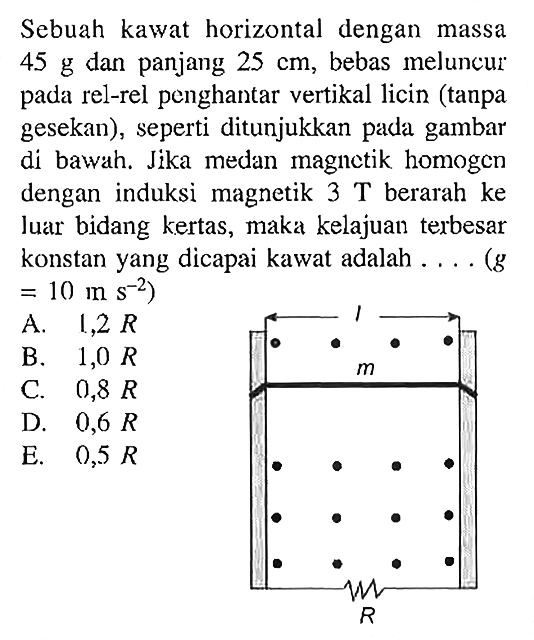 Sebuah kawat horizontal dengan massa 45 g dan panjang 25 bebas meluncur pada rel-rel penghantar vertikal licin (tanpa gesekan), seperti ditunjukkan pada gambar di bawah. Jika medan magnectik homogen dengan induksi magnetik 3 T berarah ke luar bidang kertas, maka kelajuan terbesar konstan yang dicapai kawat adalah .... (g = 10 m s^(-2))