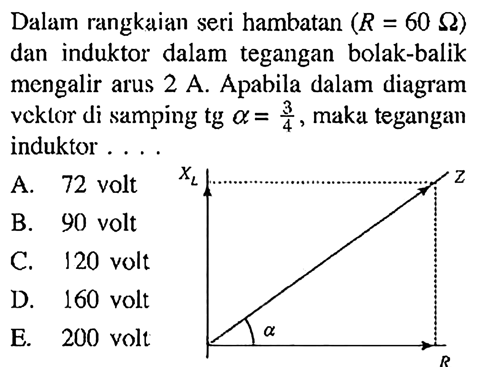 Dalam rangkaian seri hambatan (R=60 ohm) dan induktor dalam tegangan bolak-balik mengalir arus 2 A. Apabila dalam diagram vektor di samping tg a=3/4, maka tegangan induktor....