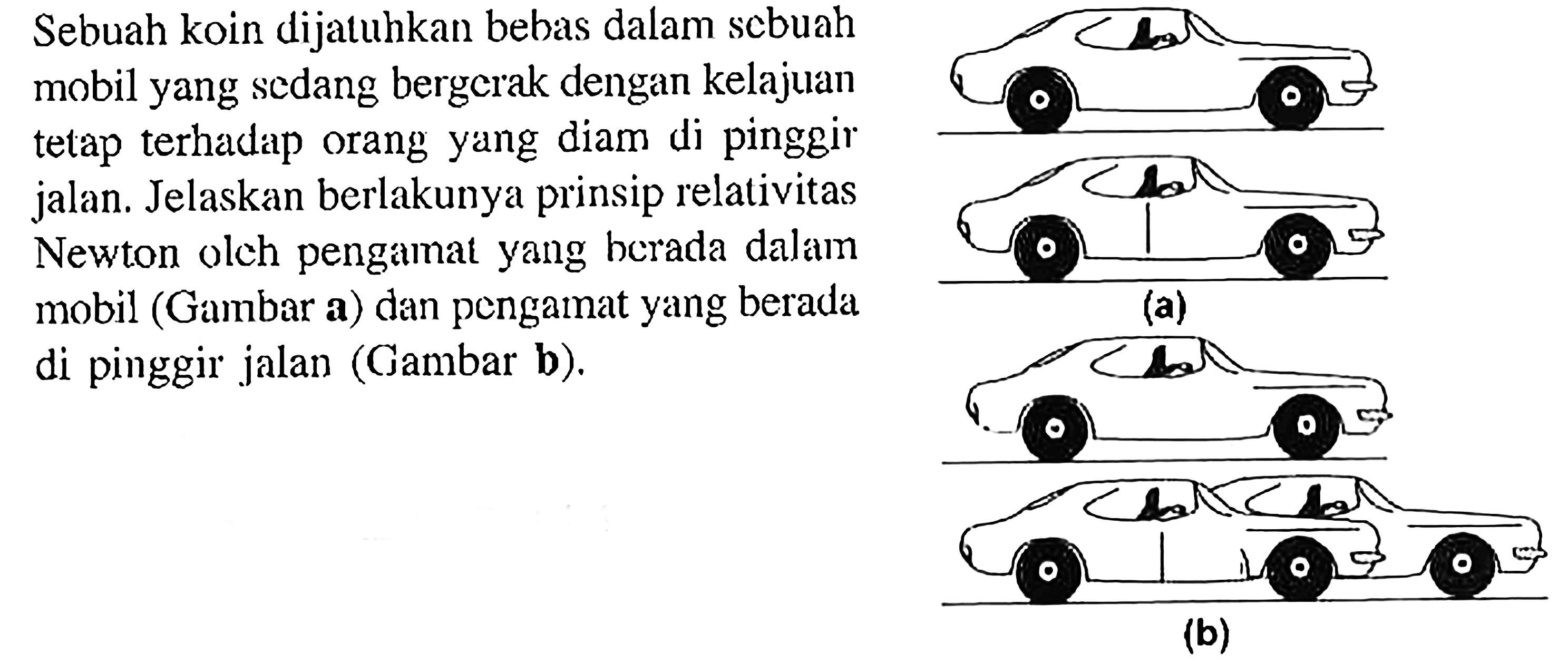 Sebuah koin dijatuhkan bebas dalam sebuah mobil yang sedang bergerak dengan kelajuan tetap terhadap orang yang diam di pinggir jalan. Jelaskan berlakunya prinsip relativitas Newton oleh pengamat yang berada dalam mobil (Gambar a) dan pengamat yang berada di pinggir jalan (Gambar b). 
(a) (b)