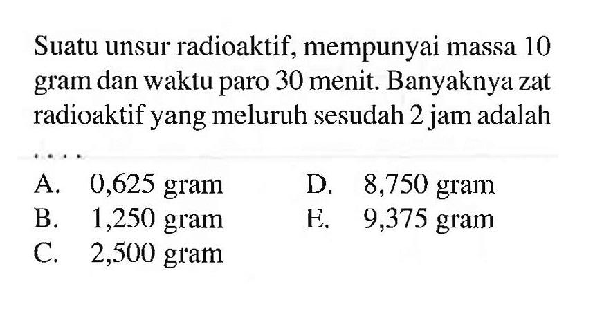 Suatu unsur radioaktif, mempunyai massa 10 gram dan waktu paro 30 menit. Banyaknya zat radioaktif yang meluruh sesudah 2 jam adalah...