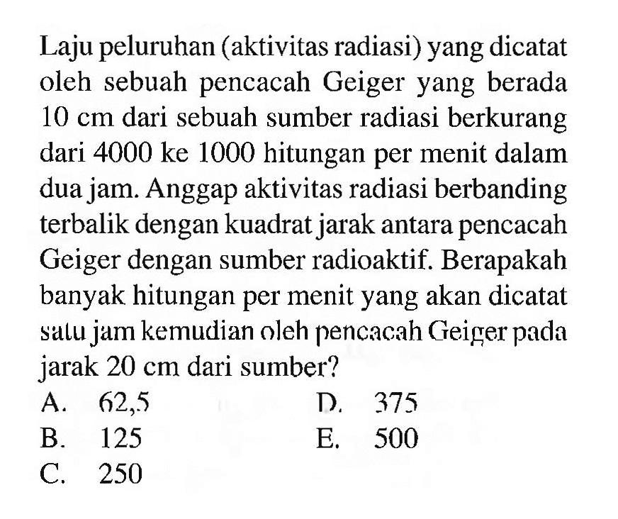 Laju peluruhan (aktivitas radiasi) yang dicatat oleh sebuah pencacah Geiger yang berada 10 cm dari sebuah sumber radiasi berkurang dari 4000 ke 1000 hitungan per menit dalam dua jam. Anggap aktivitas radiasi berbanding terbalik dengan kuadrat jarak antara pencacah Geiger dengan sumber radioaktif. Berapakah banyak hitungan per menit yang akan dicatat salu jam kemudian oleh pencacah Geiger pada jarak 20 cm dari sumber?