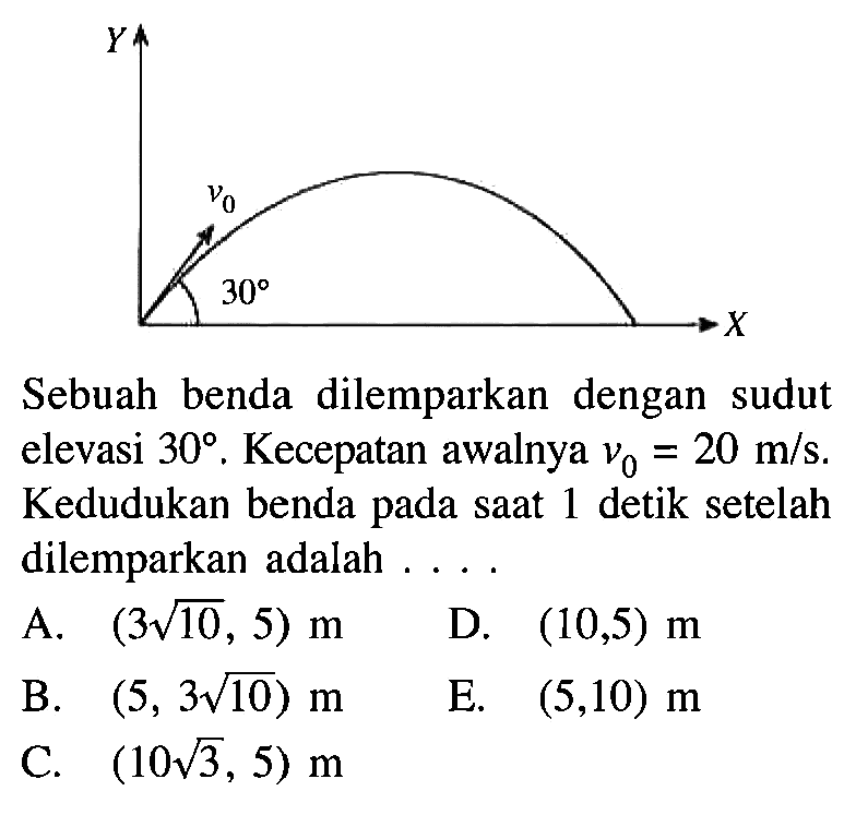 Sebuah benda dilemparkan dengan sudut elevasi  30. Kecepatan awalnya  v0=20 m/s. Kedudukan benda pada saat 1 detik setelah dilemparkan adalah ....