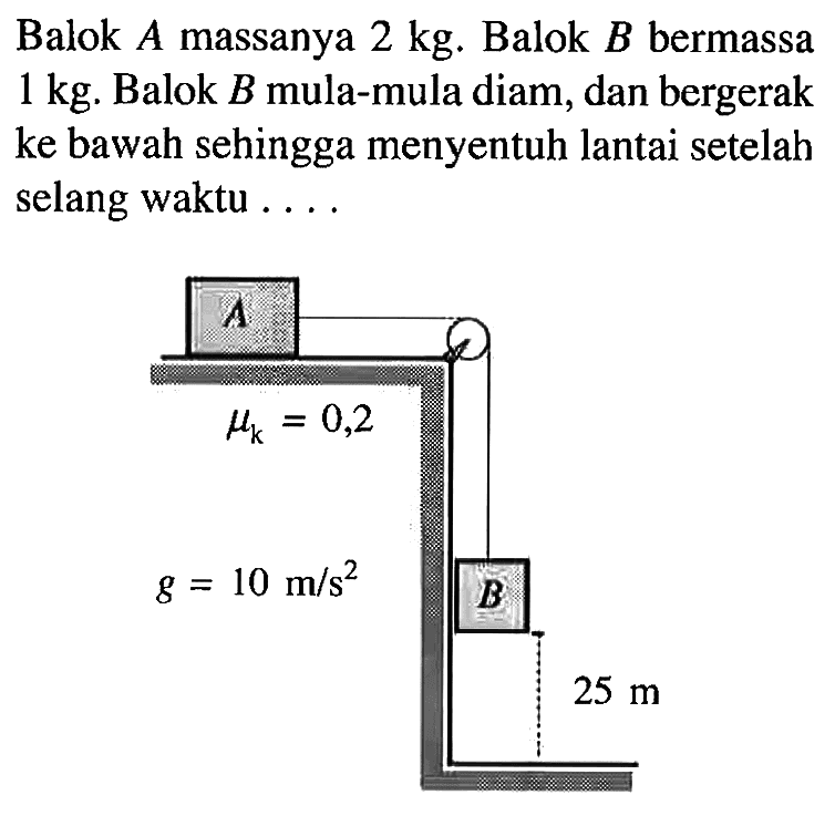 Balok  A  massanya  2 kg . Balok  B  bermassa  1 kg . Balok  B  mula-mula diam, dan bergerak ke bawah sehingga menyentuh lantai setelah selang waktu ....A mu k = 0,2g = 10 m/s^2B 25 m