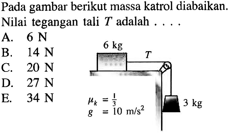 Pada gambar berikut massa katrol diabaikan.
Nilai tegangan tali  T  adalah  ... .
6 kg T
muk=1/3 3 kg
g=10 m/s^2
A.  6 N 
B.  14 N 
C.  20 N 
D.  27 N 
E.   34 N  muk=(1)/(3) 