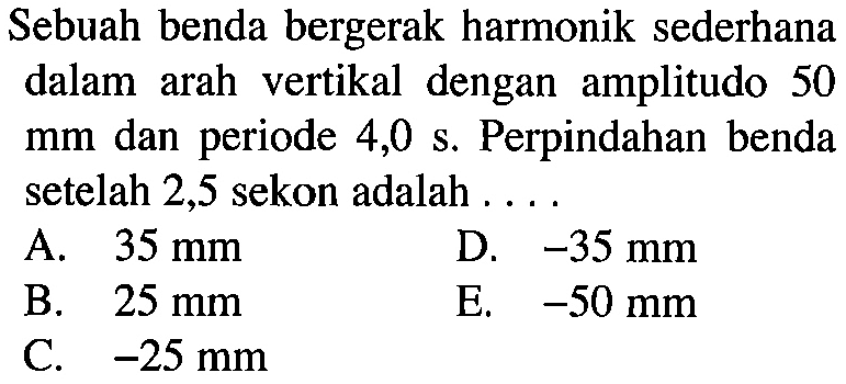 Sebuah benda bergerak harmonik sederhana dalam arah vertikal dengan amplitudo 50 mm dan periode 4,0 s. Perpindahan benda setelah 2,5 sekon adalah . . . .