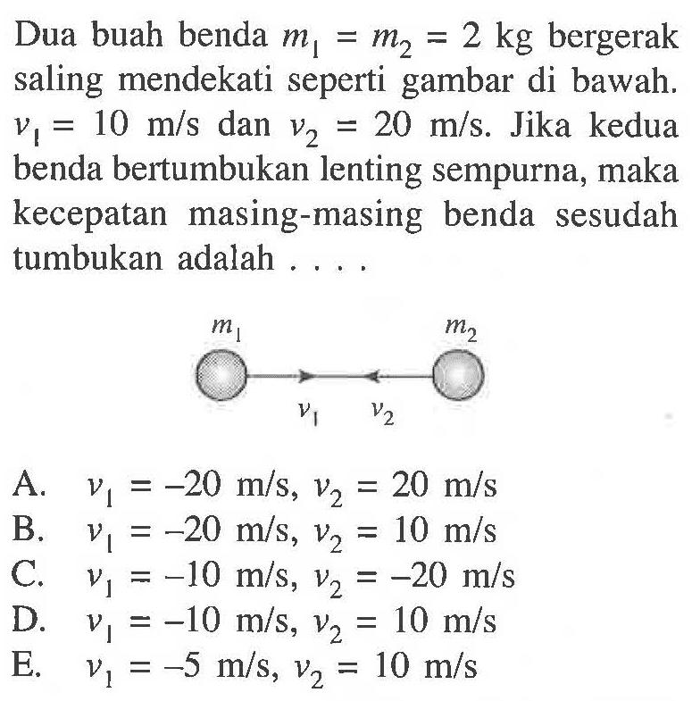 Dua buah benda m1=m2=2 kg bergerak saling mendekati seperti gambar di bawah.  v1=10 m/s dan v2=20 m/s. Jika kedua benda bertumbukan lenting sempurna, maka kecepatan masing-masing benda sesudah tumbukan adalah ....