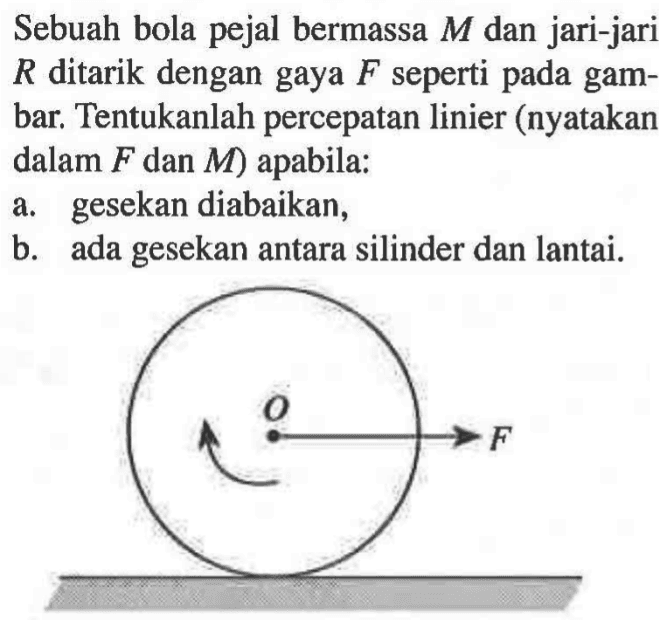 Sebuah bola pejal bermassa M dan jari-jari R ditarik dengan gaya F seperti pada gambar. Tentukanlah percepatan linier (nyatakan dalam F dan M) apabila: a. gesekan diabaikan, b. ada gesekan antara silinder dan lantai O F