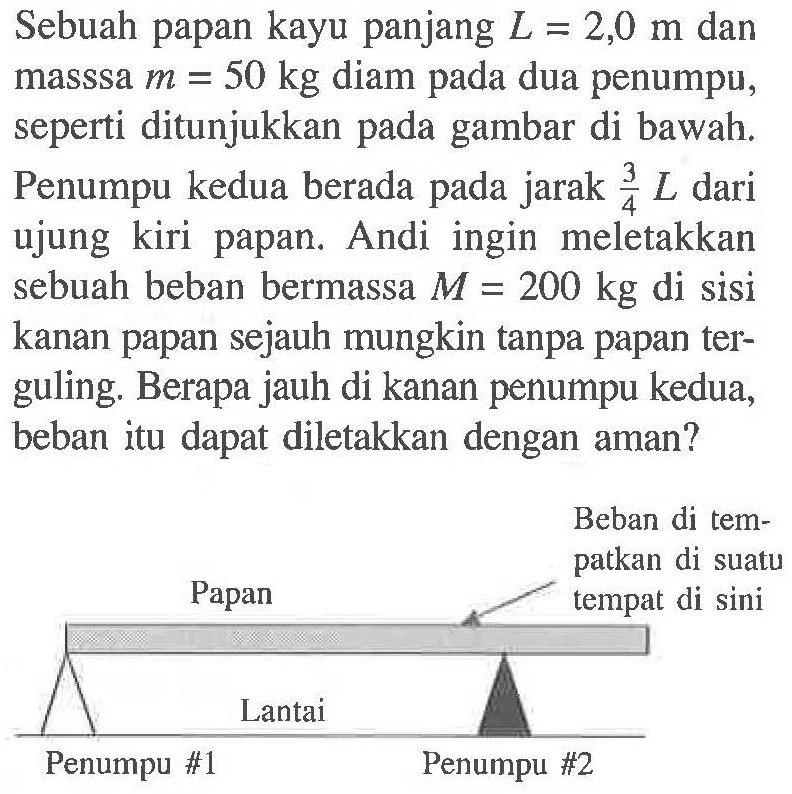 Sebuah papan kayu panjang L=2,0 m dan massa m=50 kg diam pada dua penumpu, seperti ditunjukkan pada gambar di bawah. Penumpu kedua berada pada jarak 3/4 L dari ujung kiri papan. Andi ingin meletakkan sebuah beban bermassa M=200 kg di sisi  kanan papan sejauh mungkin tanpa papan terguling. Berapa jauh di kanan penumpu kedua, beban itu dapat diletakkan dengan aman? 