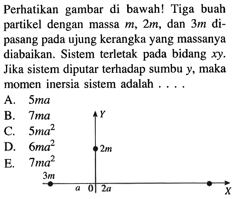 Perhatikan gambar di bawah! Tiga buah partikel dengan massa m, 2m, dan 3m dipasang pada ujung kerangka yang massanya diabaikan. Sistem terletak pada bidang xy. Jika sistem diputar terhadap sumbu y, maka momen inersia sistem adalah .... Y 2m 3m a 0 2a X A. 5ma B. 7ma C. 5ma^2 D. 6ma^2 E. 7ma^2 