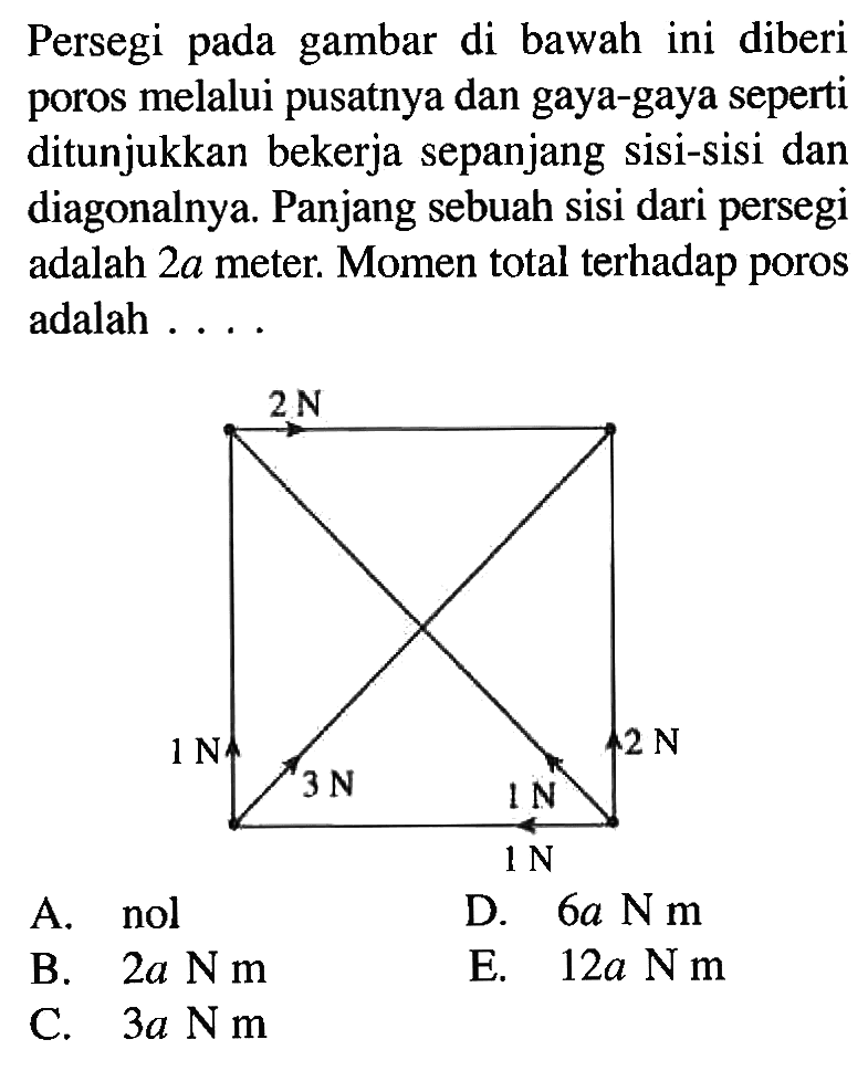 Persegi pada gambar di bawah ini diberi poros melalui pusatnya dan gaya-gaya seperti ditunjukkan bekerja sepanjang sisi-sisi dan diagonalnya. Panjang sebuah sisi dari persegi adalah  2 a  meter. Momen total terhadap poros adalah ....