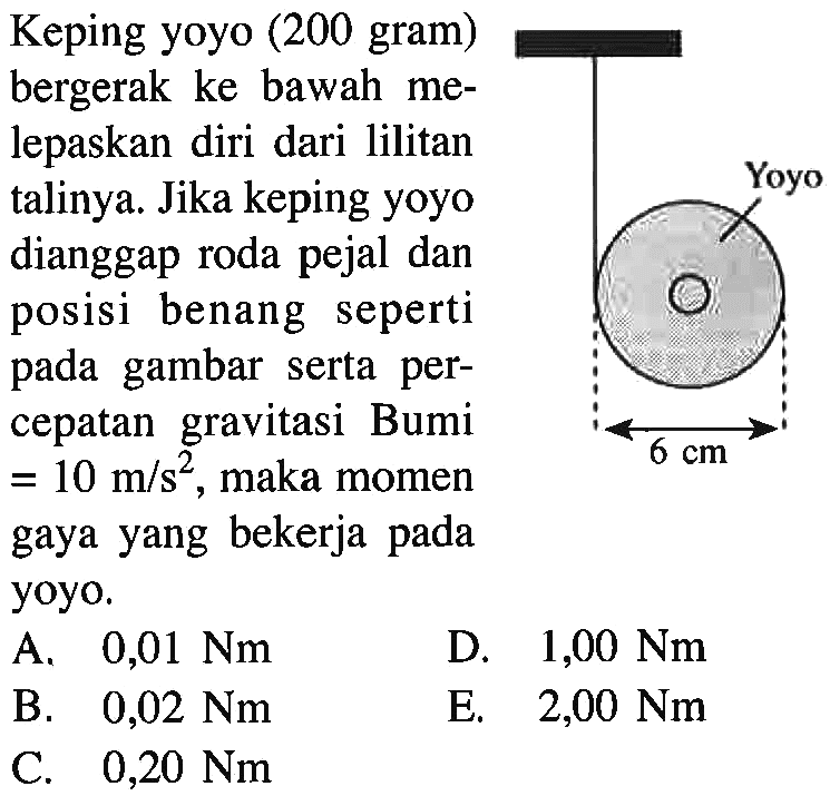 Keping yoyo (200 gram) bergerak ke bawah melepaskan diri dari lilitan talinya. Jika keping yoyo dianggap roda pejal dan posisi benang seperti pada gambar serta percepatan gravitasi Bumi = 10 m/s^2, maka momen gaya yang bekerja pada yoyo. Yoyo 6 cm 
