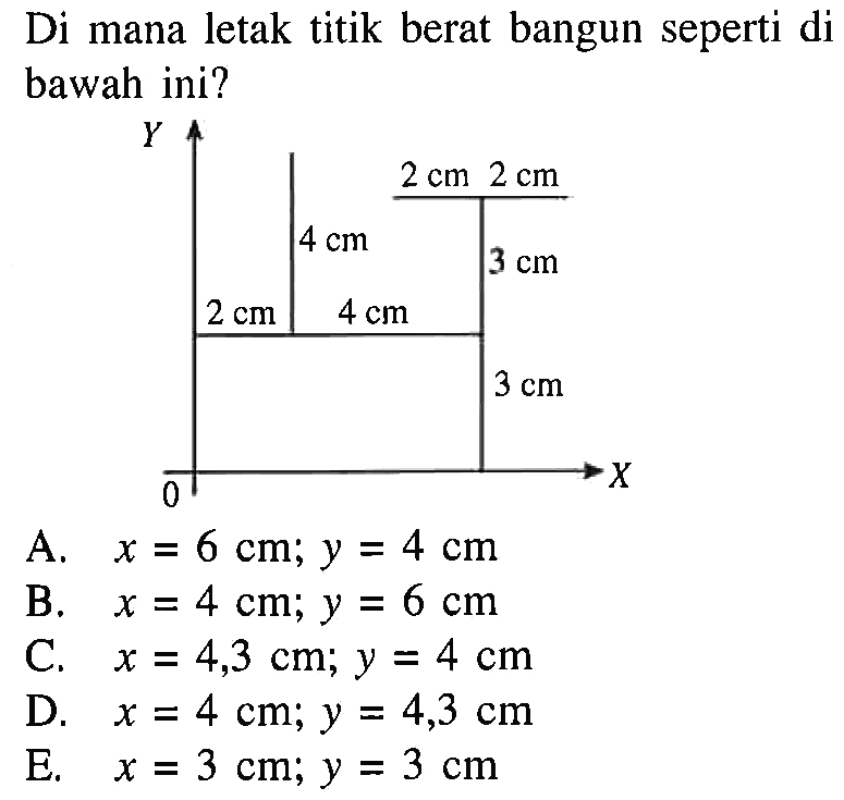 Di mana letak titik berat bangun seperti di bawah ini? Y 2 cm 2 cm 4 cm 3 cm 2 cm 4 cm 3 cm