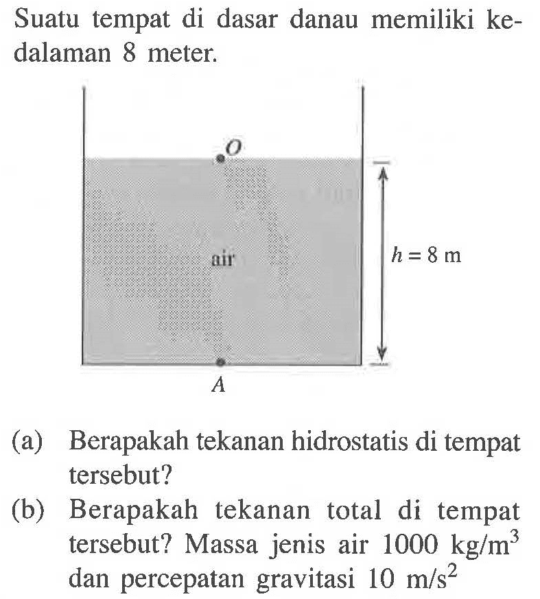 Suatu tempat di dasar danau memiliki kedalaman 8 meter. (a) Berapakah tekanan hidrostatis di tempat tersebut? (b) Berapakah tekanan total di tempat tersebut? Massa jenis air 1000 kg/m^3 dan percepatan gravitasi 10 m/s^2