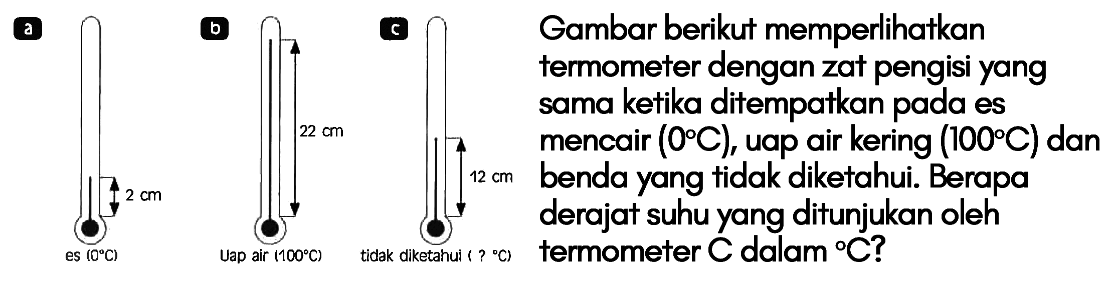 Gambar berikut memperlihatkan termometer dengan zat pengisi yang sama ketika ditempatkan pada es mencair (0 C), uap air kering (100 C) dan benda yang tidak diketahui. Berapa derajat suhu yang ditunjukkan oleh termometer C dalam C?