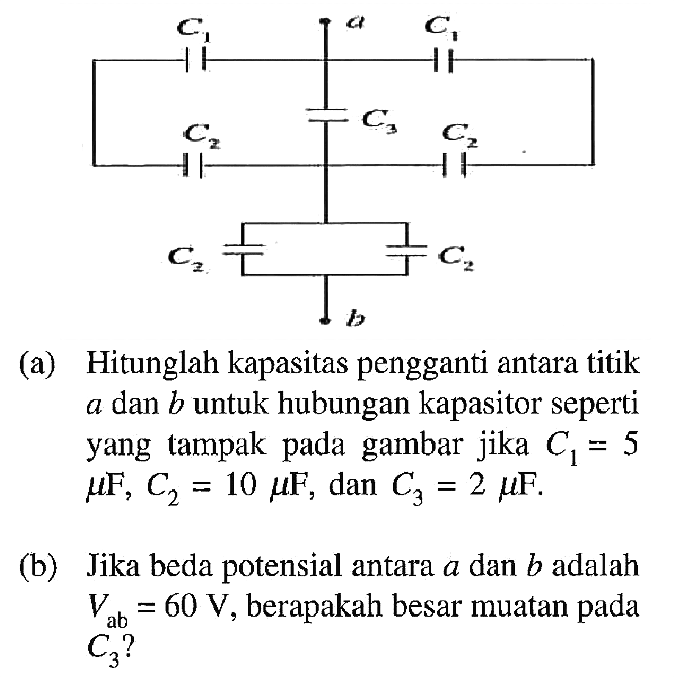 (a) Hitunglah kapasitas pengganti antara titik a dan b untuk hubungan kapasitor seperti yang tampak pada gambar jika C1 = 5 muF; = 10 5 muF dan C3 = 2 muF (b) Jika beda potensial antara a dan b adalah Vab= 60 V, berapakah besar muatan C3?