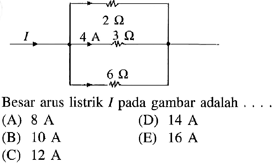 I 2 Ohm 4 A 3 Ohm 6 Ohm Besar arus listrik I pada gambar adalah ....