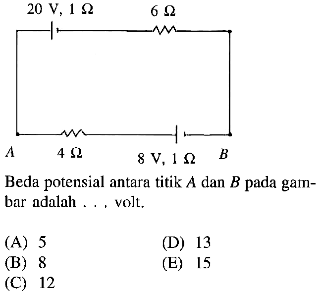 Beda potensial antara titik A dan B pada gambar adalah ... volt