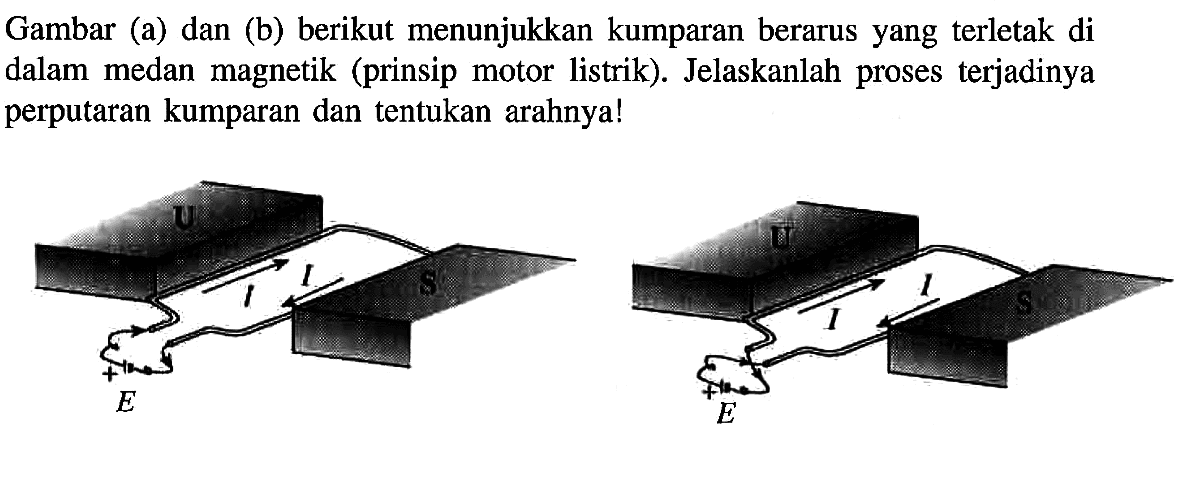 Gambar (a) dan (b) berikut menunjukkan kumparan berarus yang terletak di dalam medan magnetik (prinsip motor listrik). Jelaskanlah proses terjadinya perputaran kumparan dan tentukan arahnya! U I I S E U I I E S