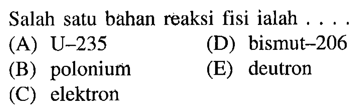 Salah satu bahan reaksi fisi ialah ....
(A) U-235
(D) bismut-206
(B) polonium
(E) deutron
(C) elektron