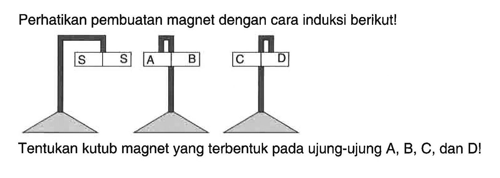 Perhatikan pembuatan magnet dengan cara induksi berikut!
S S A B C D
Tentukan kutub magnet yang terbentuk pada ujung-ujung  A, B, C , dan  D ! 