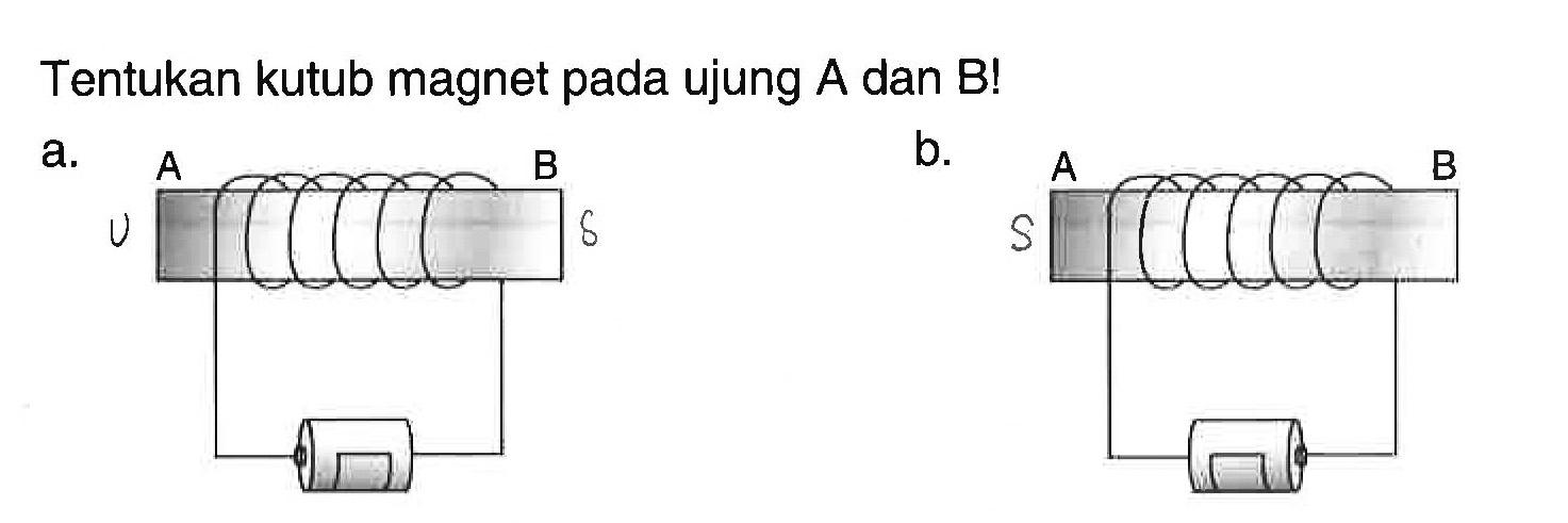 Tentukan kutub magnet pada ujung A dan B!
a.
A B U S 
b. 
A B S