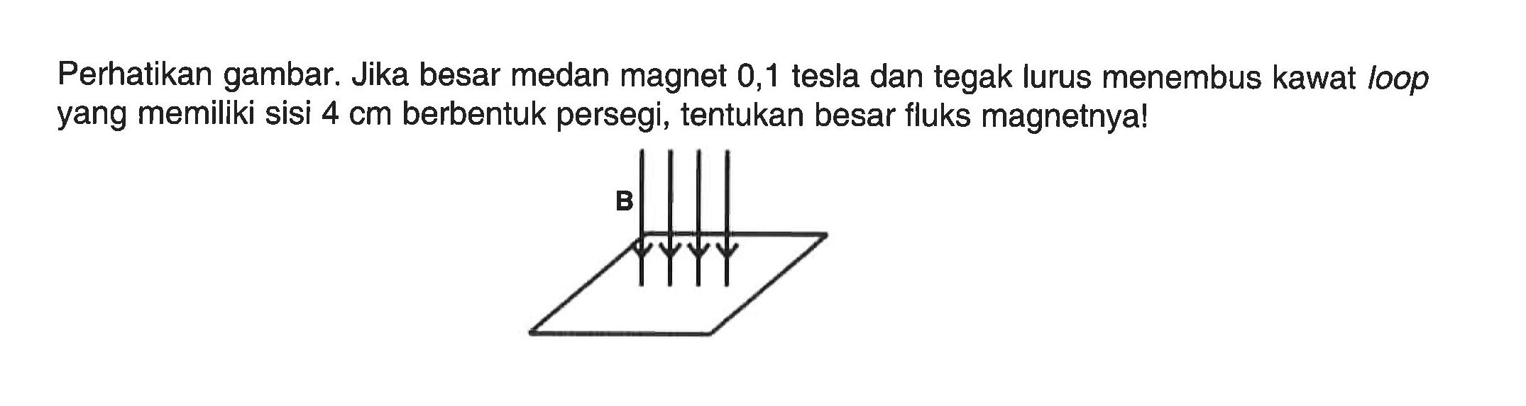 Perhatikan gambar. Jika besar medan magnet 0,1 tesla dan tegak lurus menembus kawat loop yang memiliki sisi 4 cm berbentuk persegi, tentukan besar fluks magnetnya!
B