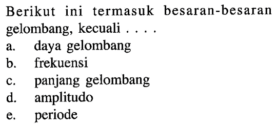 Berikut ini termasuk besaran-besaran gelombang, kecuali....