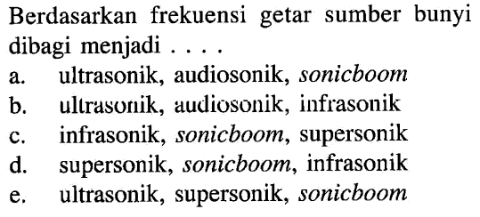 Berdasarkan frekuensi getar sumber bunyi dibagi menjadi ....
