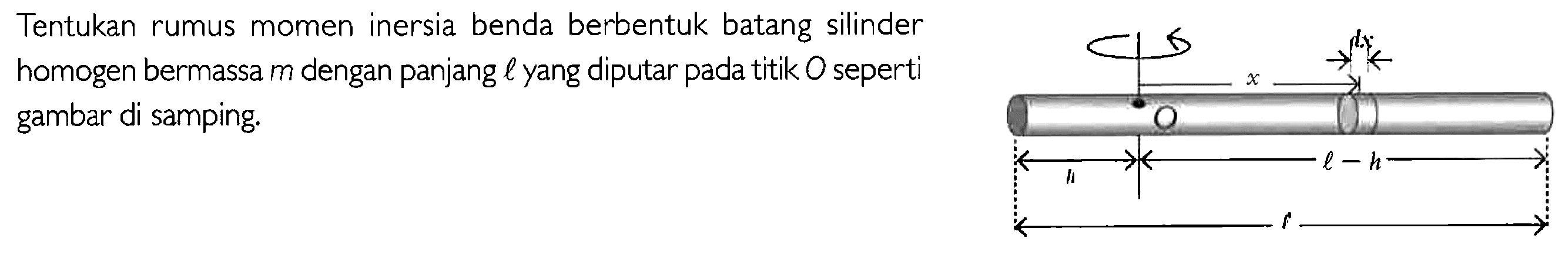 Tentukan rumus momen inersia benda berbentuk batang silinder homogen bermassa m dengan panjang l yang diputar pada titik O seperti gambar di samping. A O x dx l-h l 