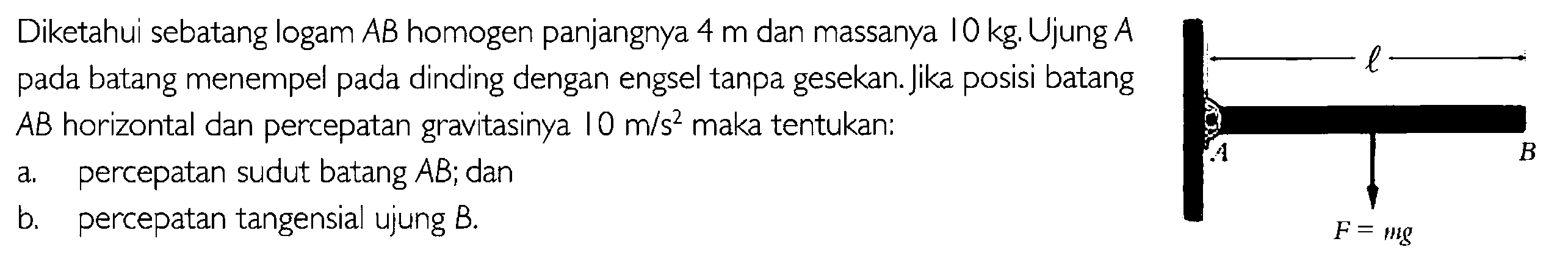 Diketahui sebatang logam AB homogen panjangnya 4 m dan massanya |0 kg Ujung A batang menempel dinding dengan engsel tanpa gesekan: Jika batang AB horizontal dan percepatan gravitasinya |0 m/s? maka tentukan: a. percepatan sudut batang AB; dan b. percepatan tangensial ujung B.