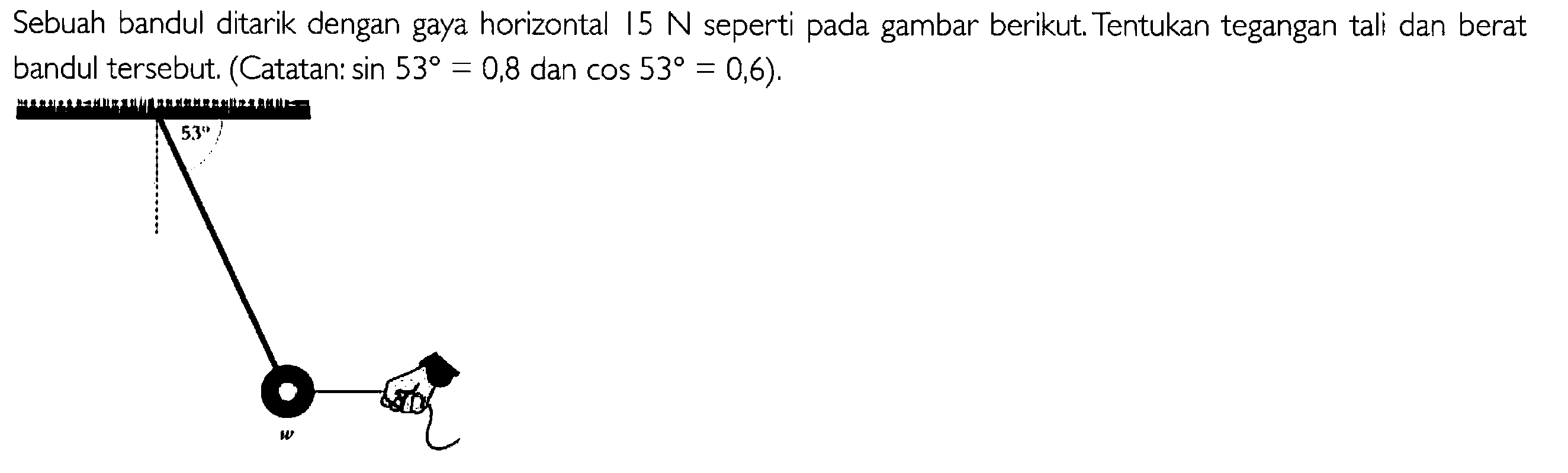 Sebuah bandul ditarik dengan gaya horizontal 15 N seperti gambar berikut Tentukan tegangan tali dan berat bandul tersebut: (Catatan: sin 53 = 0,8 dan cos 53 = 0,6).