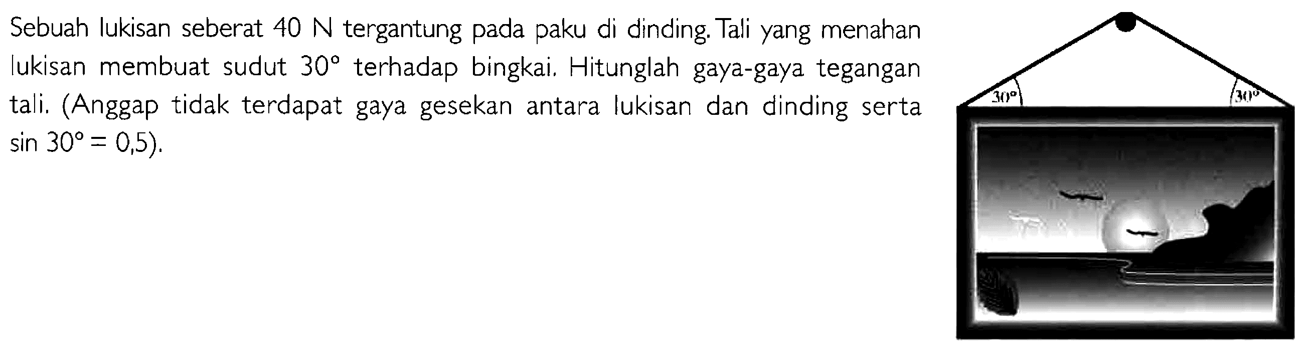 Sebuah lukisan seberat 40 N tergantung pada paku di dinding: Tali yang menahan lukisan membuat sudut 309 terhadap bingkai Hitunglah gaya-gaya tegangan tali, (Anggap tidak terdapat gaya gesekan antara lukisan dan dinding serta sin 309 = 0,5).