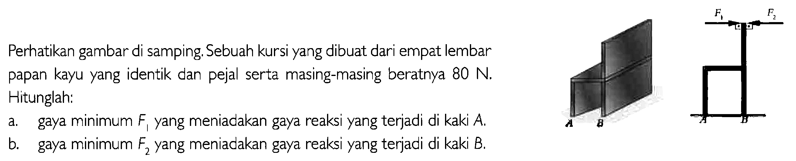 Perhatikan gambar di samping. Sebuah kursi yang dibuat dari empat lembar papan kayu yang identik dan pejal serta masing-masing beratnya 80 N. Hitunglah: a. gaya minimum F1 yang meniadakan gaya reaksi yang terjadi di kaki A. b. gaya minimum F2 yang meniadakan gaya reaksi yang terjadi di kaki B.