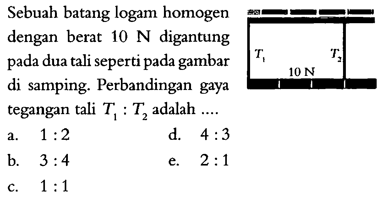 Sebuah batang logam homogen dengan berat 10 N digantung dua tali seperti pada gambar pada di samping. Perbandingan gaya tegangan tali T1:T2 adalah ... T1 10 N T2